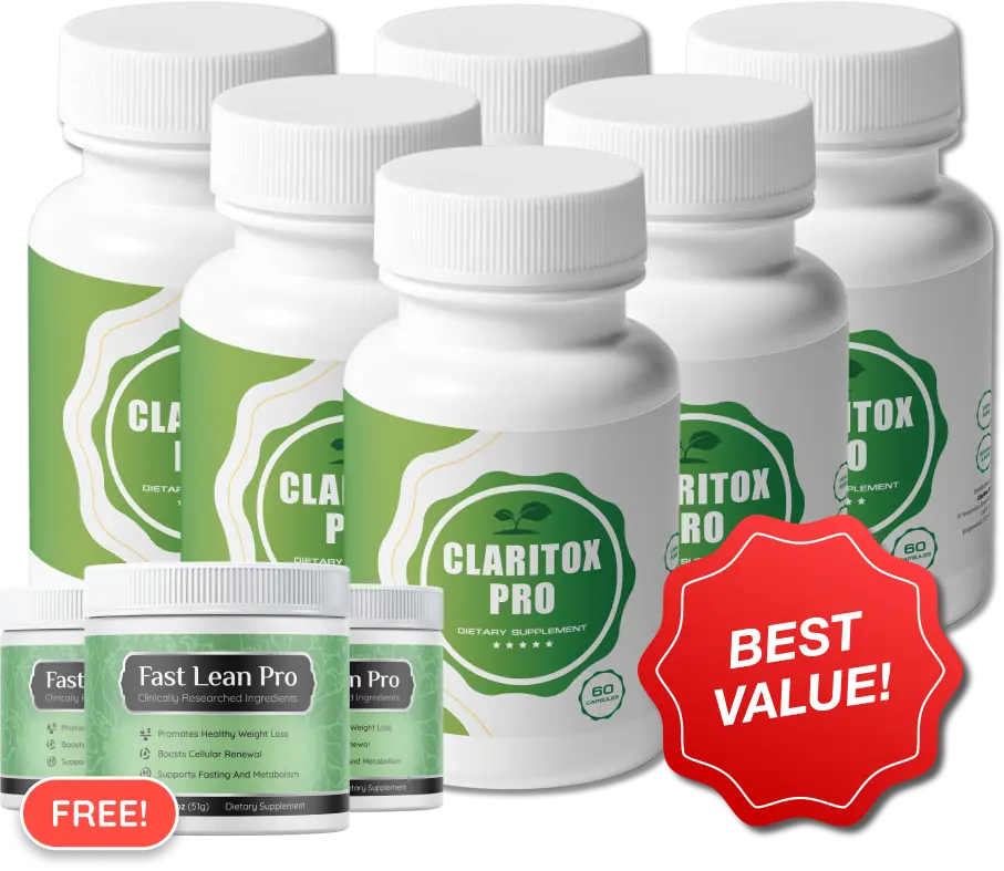 Six bottles of Claritox Pro supplement with free Fast Lean Pro bottles and a Best Value badge
