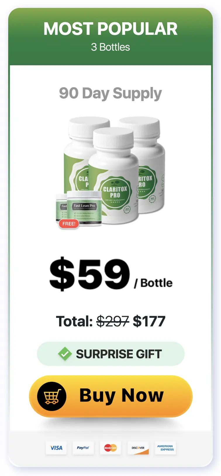 Claritox Pro Most Popular package, 3 bottles, 90 day supply, $59 per bottle, with free gift