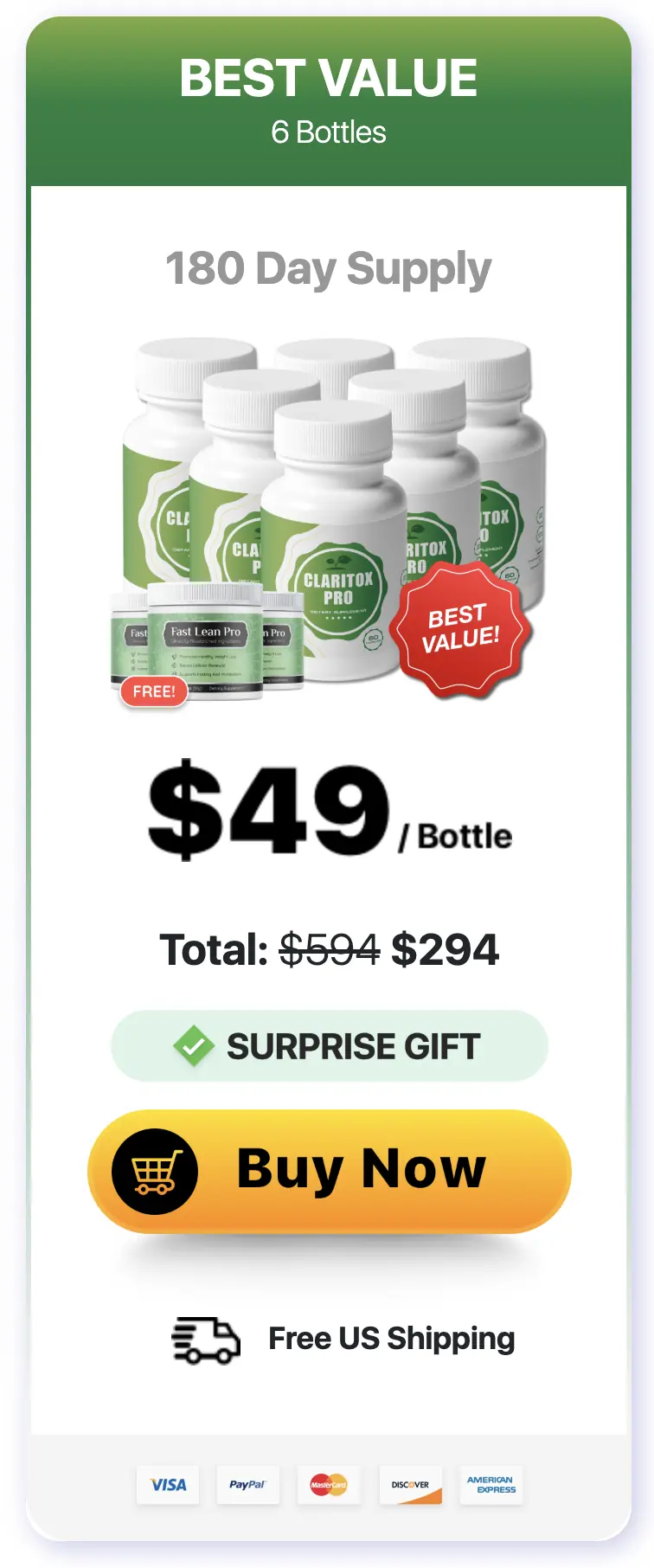 Claritox Pro Best Value package, 6 bottles, 180 day supply, $49 per bottle, with free gift and free US shipping